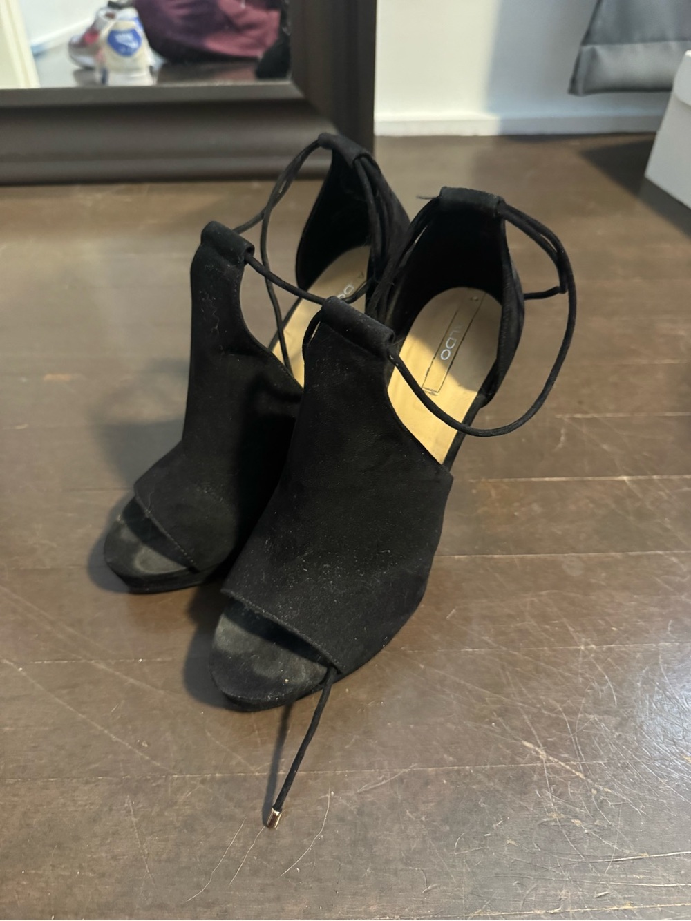 WILL TRY CLEANING BEFORE SHIPPING Aldo Black Suede Open-Toe Lace-Up Block Heels